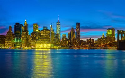 New York, One World Trade Center, Freedom Tower, Manhattan, evening, sunset, city lights, skyscrapers, NYC, USA