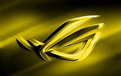 4k, RoG yellow logo, yellow blurred background, Republic of Gamers, RoG 3D logo, ASUS, creative, RoG