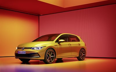 Volkswagen Golf R-Line, 2020, exterior, front view, yellow hatchback, new yellow Golf, German cars, Volkswagen