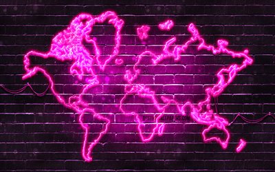 紫色のネオンの世界地図, 4k, 紫brickwall, 世界のマップのコンセプト, 紫色の世界地図, 世界地図