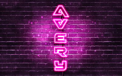 4K, Avery, il testo verticale, Avery nome, sfondi per il desktop con i nomi, nomi di donna, viola neon, foto con Avery nome