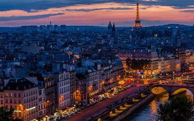 Paris, evening, sunset, Eiffel Tower, Seine river, landmark, Paris cityscape, France