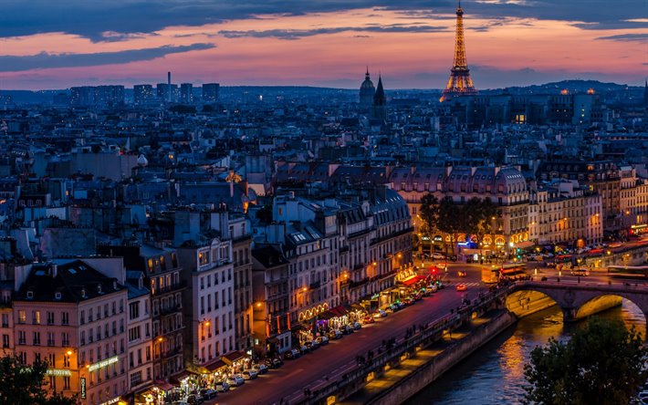 Paris, noite, p&#244;r do sol, Torre Eiffel, Seu rio, marco, Paris paisagem urbana, Fran&#231;a