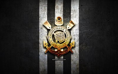 Corinthians FC, golden logo, Serie A, black metal background, football, SC Corinthians Paulista, brazilian football club, Corinthians FC logo, soccer, Brazil