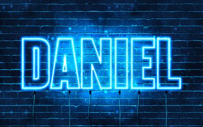 Daniel, 4k, wallpapers with names, horizontal text, Daniel name, blue neon lights, picture with Daniel name