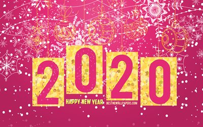 2020 neue jahr 2020 pink christmas background, gl&#252;ckliches neues jahr 2020, 2020, konzepte, rosa 2020 hintergrund, goldene weihnachtskugeln
