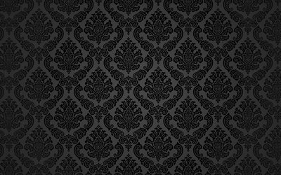 svart damast m&#246;nster, 4k, vintage blomm&#246;nster, svart vintage bakgrund, blomm&#246;nster, bakgrund med blommor, vintage bakgrund, svart retro bakgrund, blommig vintage m&#246;nster