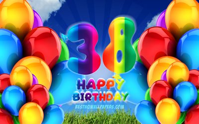 4k, 嬉しいで38年に誕生日, 曇天の背景, 誕生パーティー, カラフルなballons, 嬉しい38歳の誕生日, 作品, 38歳の誕生日, 誕生日プ, 第38回誕生パーティー