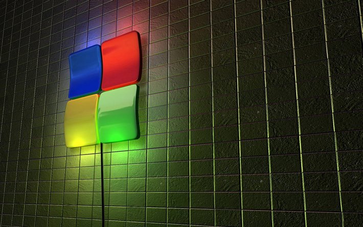 3D Windows logo, Windows logo neon flashlight, Windows emblem, Windows logo, Windows