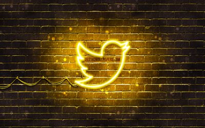 Twitter黄ロゴ, 4k, 黄brickwall, Twitterロゴ, ブランド, Twitterネオンのロゴ, Twitter