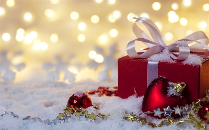 Los regalos de navidad, Feliz A&#241;o Nuevo, nieve, roja con adornos de Navidad, Navidad