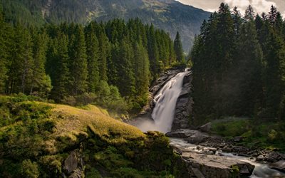 waterfall, forest, green trees, mountain river, beautiful waterfall