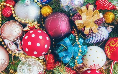 Christmas balls, Happy New Year, Christmas gifts, Christmas background, Christmas bow