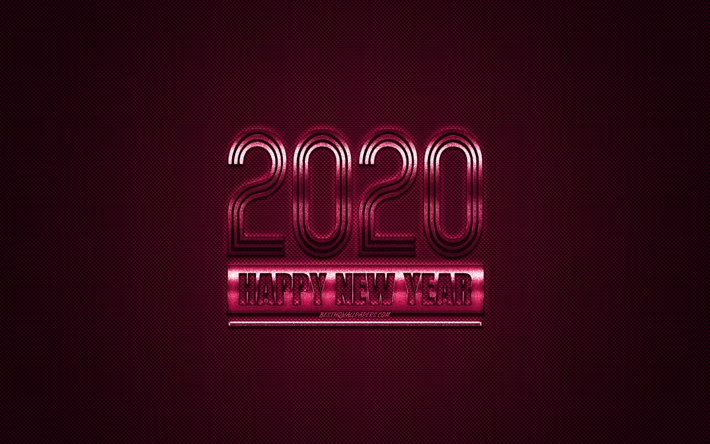 Happy New Year 2020, Purple 2020 background, Purple metal 2020 background, 2020 concepts, Christmas, 2020, Purple carbon texture