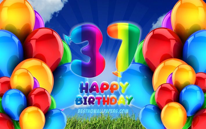 4k, 嬉しい37歳の誕生日, 曇天の背景, 誕生パーティー, カラフルなballons, 作品, 37歳の誕生日, 誕生日プ, 第37回誕生パーティー