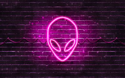 alienware lila logo, 4k, lila brickwall -, alienware-logo, marken, alienware neon-logo, alienware