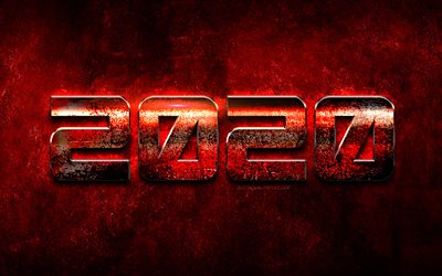 red grunge-2020 hintergrund, gl&#252;ckliches neues jahr 2020, metallic-2020 hintergrund, 2020, konzepte, kunst grunge