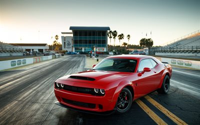 Dodge Challenger SRT Demon, 2019, exterior, rear view, red Challenger, tuning, drag racing, Dodge