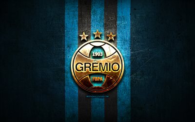 Gremio FC, golden logo, Serie A, blue metal background, football, Gremio FB Porto Alegrense, brazilian football club, Gremio FC logo, soccer, Brazil