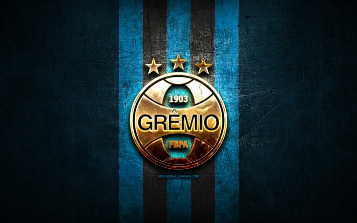 gremio fc, golden logo, serie a, blau metall-hintergrund, fu&#223;ball, gremio fb porto alegrense, brasilianische fu&#223;ball-club gremio fc-logo, fussball, brasilien