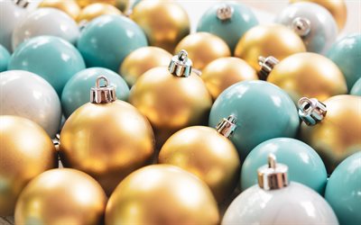 golden christmas balls, happy new year, blue-golden christmas background, weihnachten