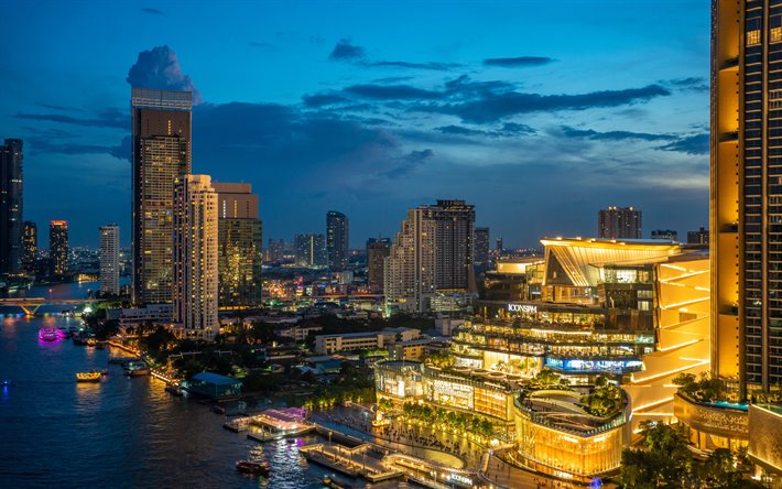 Bangkok, grattacieli, sera, edifici moderni, Thailandia, Fiume Chao Phraya, Samphanthawong Distretto
