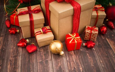 クラフトのクリスマス-プレゼント箱赤弓, クリスマスの背景, 謹賀新年, 赤いクリスマスの飾り, ゴールデンボールのクリスマス