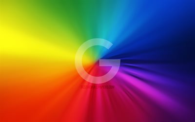 Googles logotyp, 4k, vortex, regnb&#229;ge bakgrund, kreativa, konstverk, varum&#228;rken, Google