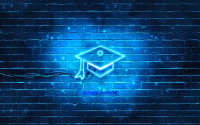 Graduation Cap neon icon, 4k, blue background, neon symbols, Graduation Cap, creative, neon icons, Graduation Cap sign, education signs, Graduation Cap icon, education icons