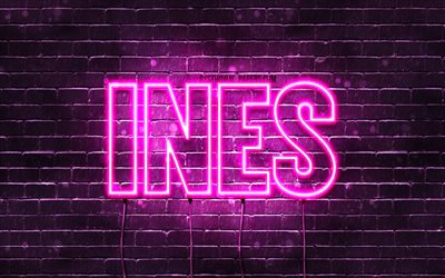Ines, 4k, wallpapers with names, female names, Ines name, purple neon lights, Happy Birthday Ines, popular french female names, picture with Ines name
