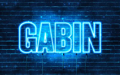 Gabin, 4k, pap&#233;is de parede com nomes, nome Gabin, luzes azuis de neon, Feliz Anivers&#225;rio Gabin, nomes masculinos franceses populares, foto com o nome Gabin