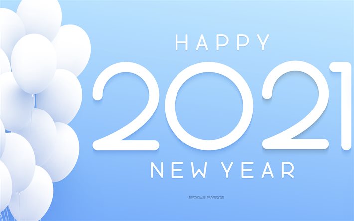 2021 New Year, white balloons, Happy New Year 2021, blue 2021 background, 2021 concepts, 2021 Sky background
