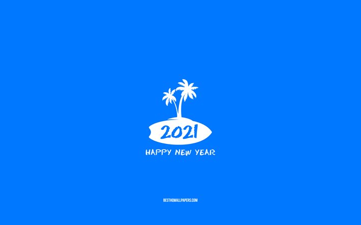 Estate 2021, sfondo blu, 2021 Capodanno, 2021 minimalismo arte, palme, Felice Anno Nuovo 2021, 2021 concetti