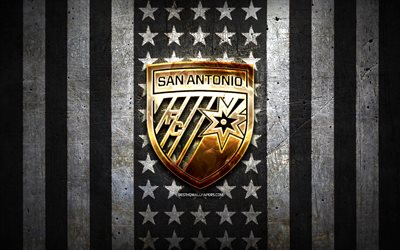 San Antonio FC flag, USL, black white metal background, american soccer club, San Antonio FC logo, USA, soccer, San Antonio FC, golden logo