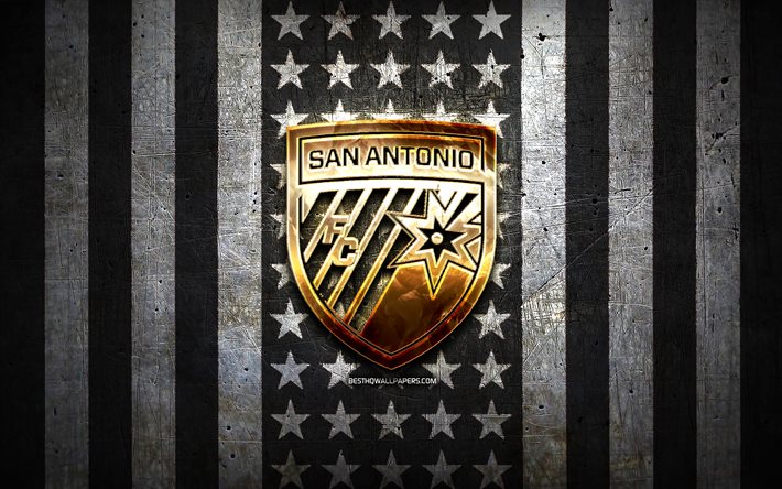 سان أنطونيو لكرة القدم العلم, USL, خلفية معدنية بيضاء سوداء, نادي كرة القدم الأمريكي, شعار نادي سان أنطونيو, الولايات المتحدة الأمريكية, كرة قدم, سان أنطونيو، تكساس, الشعار الذهبي