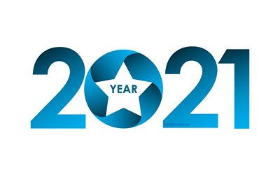 Fundo azul 2021, feliz ano novo, conceitos 2021, letras azuis, fundo branco, fundo estrela 2021