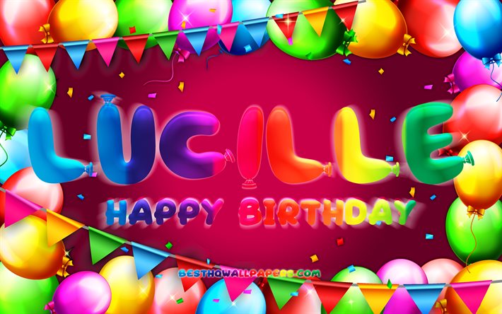 Buon compleanno Lucille, 4k, cornice palloncino colorato, nome Lucille, sfondo viola, buon compleanno Lucille, compleanno Lucille, nomi femminili americani popolari, concetto di compleanno, Lucille