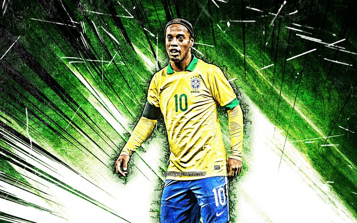 4k, Ronaldinho, arte grunge, squadra nazionale del Brasile, calcio, calciatori, raggi astratti verdi, leggende del calcio, squadra di calcio brasiliana, Ronaldinho 4K