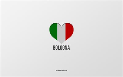 Amo Bolonha, cidades italianas, fundo cinza, Bolonha, It&#225;lia, cora&#231;&#227;o da bandeira italiana, cidades favoritas, amo Bolonha