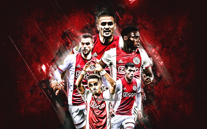 Ajax Amsterdam, hollantilainen jalkapalloseura, AFC Ajax, jalkapallo, punainen kivitausta, Mohammed Kudus, Dusan Tadic