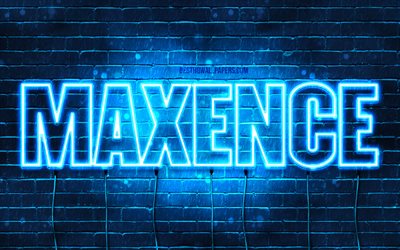 Maxence, 4k, pap&#233;is de parede com nomes, nome de Maxence, luzes de n&#233;on azuis, Happy Birthday Maxence, nomes masculinos franceses populares, foto com o nome de Maxence