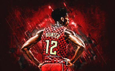 DeAndre Hunter, Atlanta Hawks, NBA, American basketball player, portrait, red stone background, basketball, USA