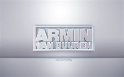 Armin van Buuren شعار أبيض ثلاثي الأبعاد, خلفية رمادية, شعار Armin van Buuren, الفن الإبداعي 3D, ارمين فان بورين, 3d شعار