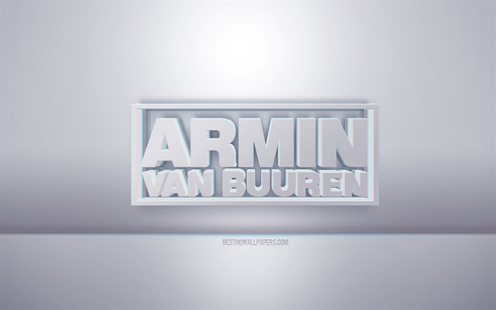 Armin van Buuren 3d vit logotyp, gr&#229; bakgrund, Armin van Buuren logotyp, kreativ 3d konst, Armin van Buuren, 3d emblem