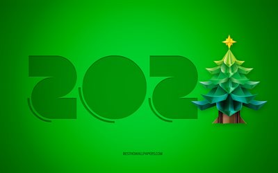 Nouvel an 2021, arbre de No&#235;l 3D, bonne ann&#233;e 2021, fond vert 2021, concepts 2021, arbre de No&#235;l en origami, nouvel an