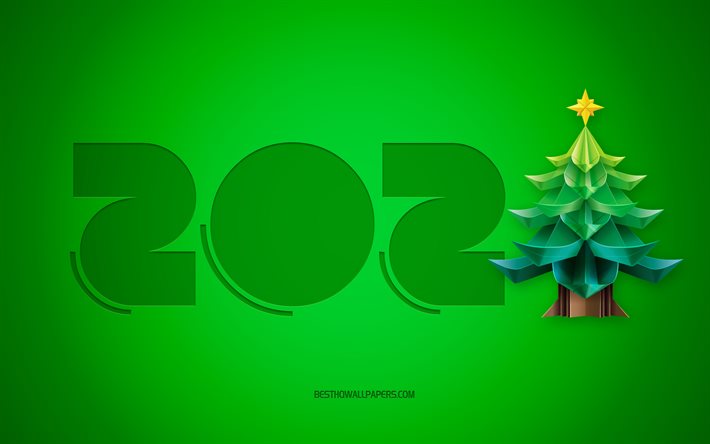 A&#241;o nuevo 2021, &#225;rbol de Navidad 3D, feliz a&#241;o nuevo 2021, fondo verde 2021, conceptos 2021, &#225;rbol de Navidad de origami, a&#241;o nuevo