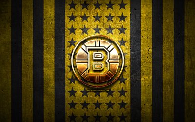 Boston Bruins flag, NHL, yellow black metal background, american hockey team, Boston Bruins logo, USA, hockey, golden logo, Boston Bruins