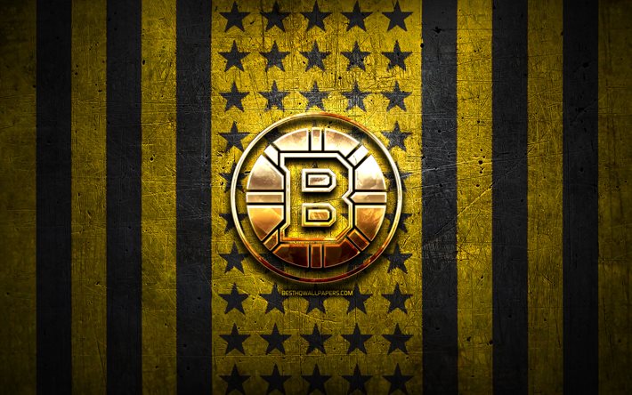 Boston Bruinsin lippu, NHL, keltainen mustan metallin tausta, amerikkalainen j&#228;&#228;kiekkojoukkue, Boston Bruinsin logo, USA, j&#228;&#228;kiekko, kultainen logo, Boston Bruins