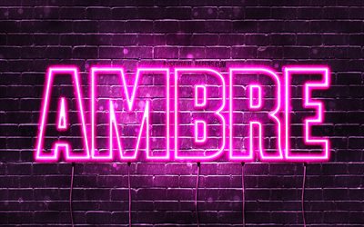 Ambre, 4k, isimli duvar kağıtları, kadın isimleri, Ambre adı, mor neon ışıklar, Mutlu Yıllar Ambre, pop&#252;ler fransız kadın isimleri, Ambre isimli resim