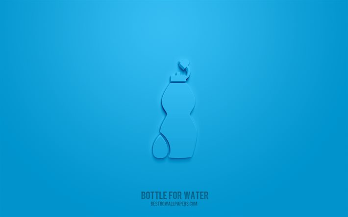 Bouteille pour l&#39;ic&#244;ne 3d de l&#39;eau, fond bleu, symboles 3d, bouteille pour l&#39;eau, art 3d cr&#233;atif, ic&#244;nes 3d, bouteille pour signe de l&#39;eau, ic&#244;nes 3d de l&#39;eau